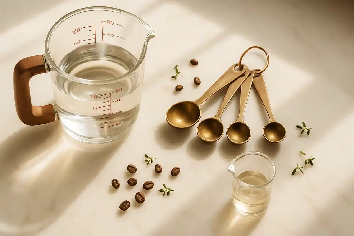 Ustensiles de mesure sur plan de travail marbre - conversion 5 cl en ml avec verre doseur et cuillères