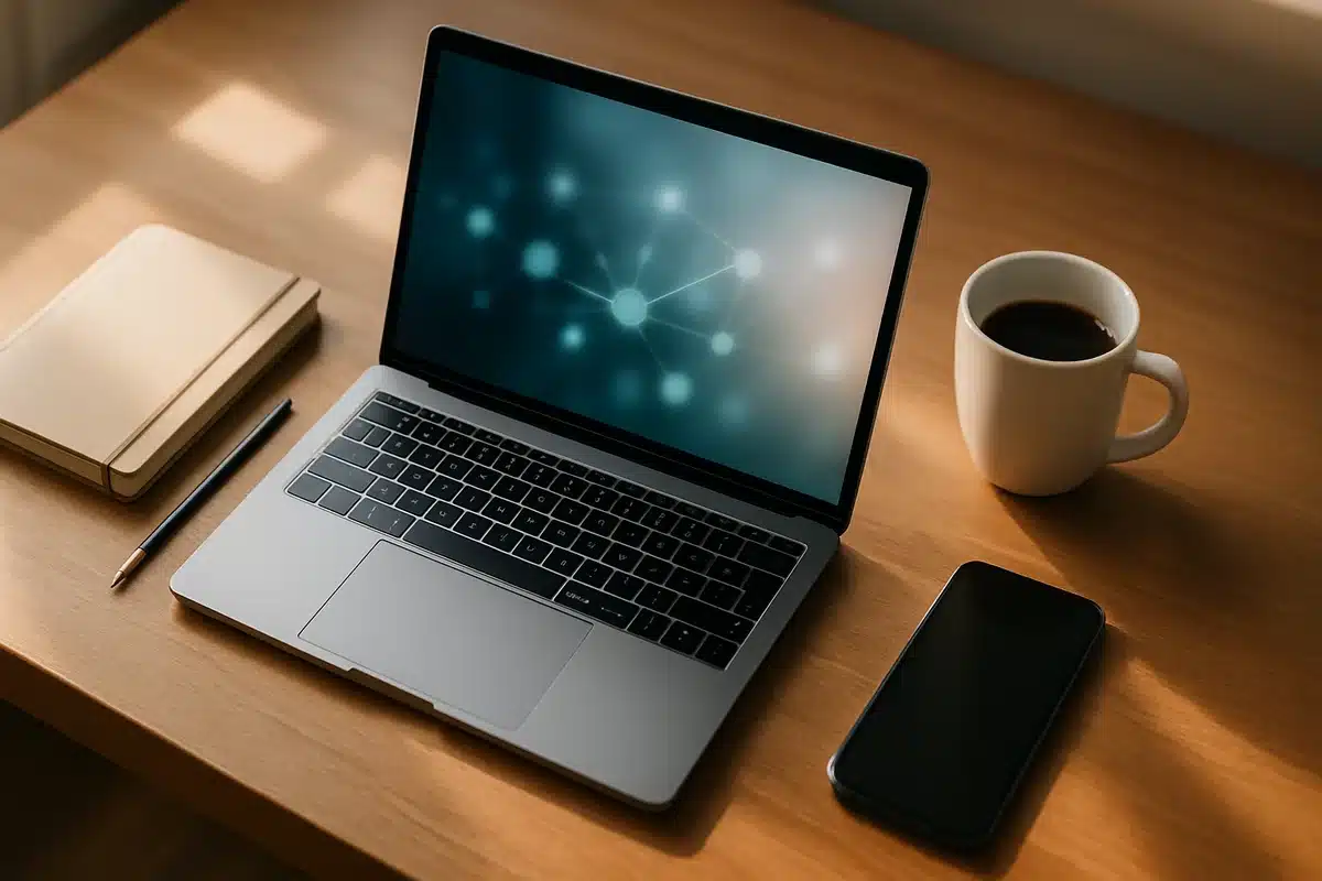 Bureau moderne avec ordinateur portable ouvert pour accéder à ENT Le Mans espace numérique travail