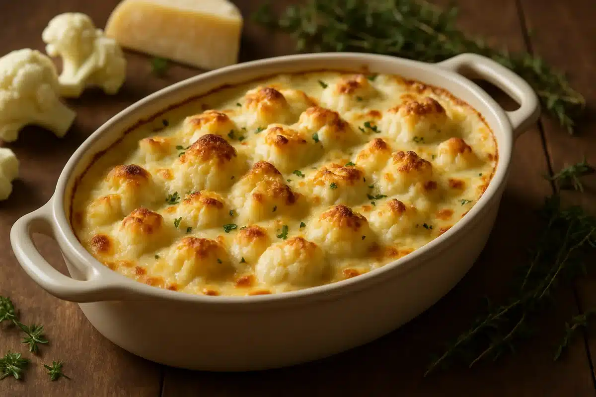 Gratin de chou fleur doré et crémeux dans un plat en céramique avec béchamel dorée et bulles