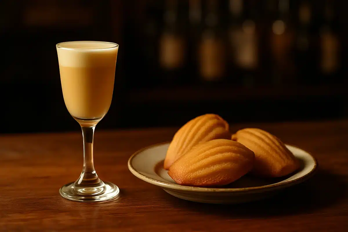 Madeleine cocktail dans un verre à shot élégant avec liquide doré crémeux sur comptoir de bar rustique