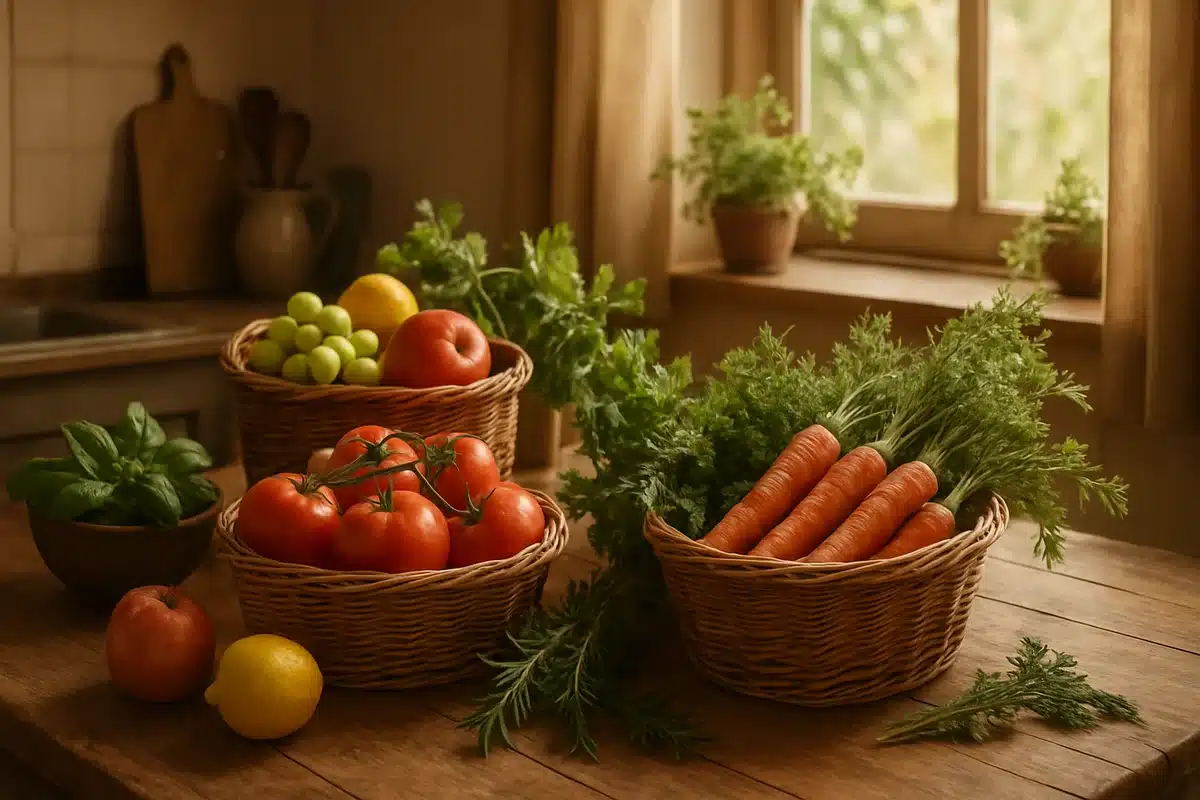 Cuisine familiale avec ingrédients de saison sur table en bois - recettes de maria fr blog