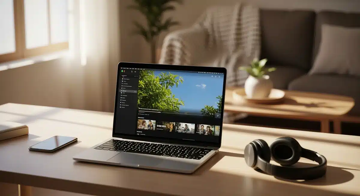 Ordinateur portable affichant interface streaming Gamzig dans espace de travail moderne minimaliste