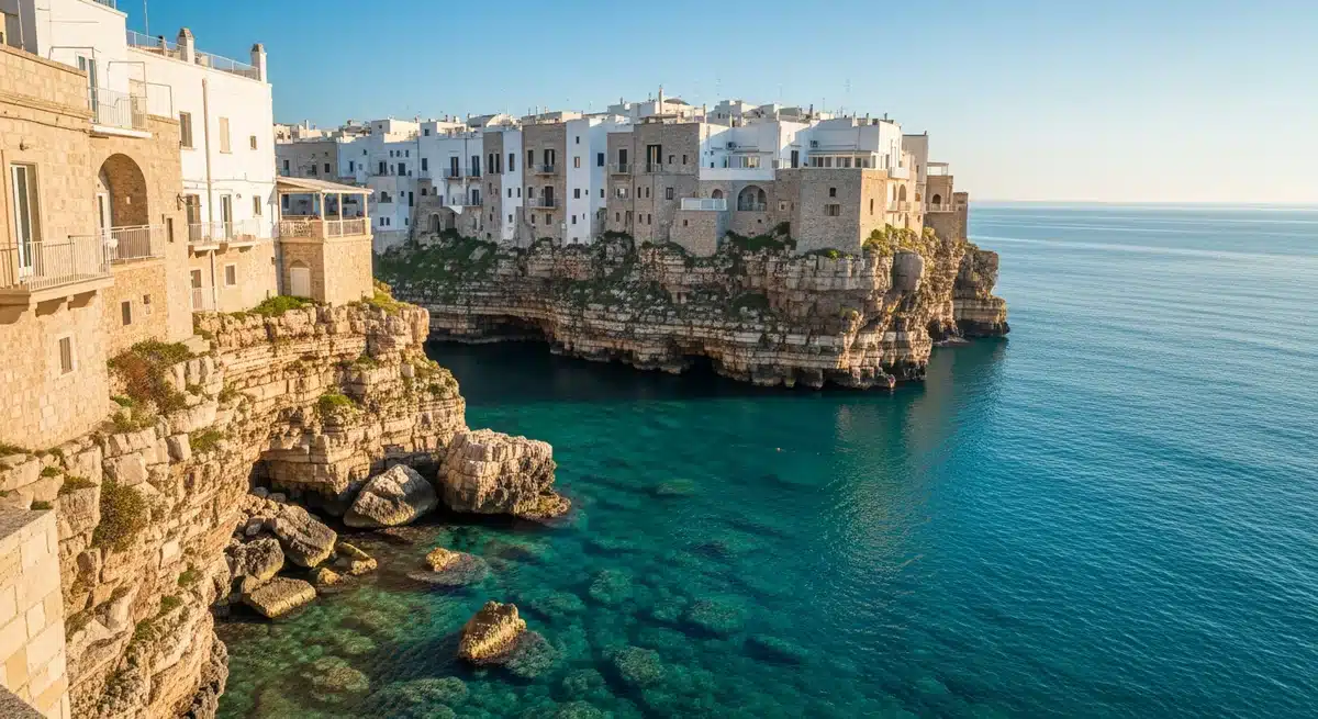 Polignano a Mare village perché sur falaises blanches surplombant mer turquoise des Pouilles