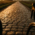 ```json { "altText": "Pavés emblématiques du Paris-Roubaix 2025 sous la lumière dorée avec vélo de course au premier plan", "caption": "Les légendaires secteurs pavés qui font la renommée du Paris-Roubaix, course mythique disputée le 13 avril 2025.", "description": "Vue spectaculaire des pavés historiques du Paris-Roubaix 2025, la célèbre course cycliste surnommée l'Enfer du Nord. Cette 122e édition emprunte les secteurs pavés emblématiques du nord de la France qui constituent le défi majeur de cette classique monument. L'image illustre parfaitement les conditions exigeantes que les coureurs affrontent sur le parcours du Paris-Roubaix 2025." } ```