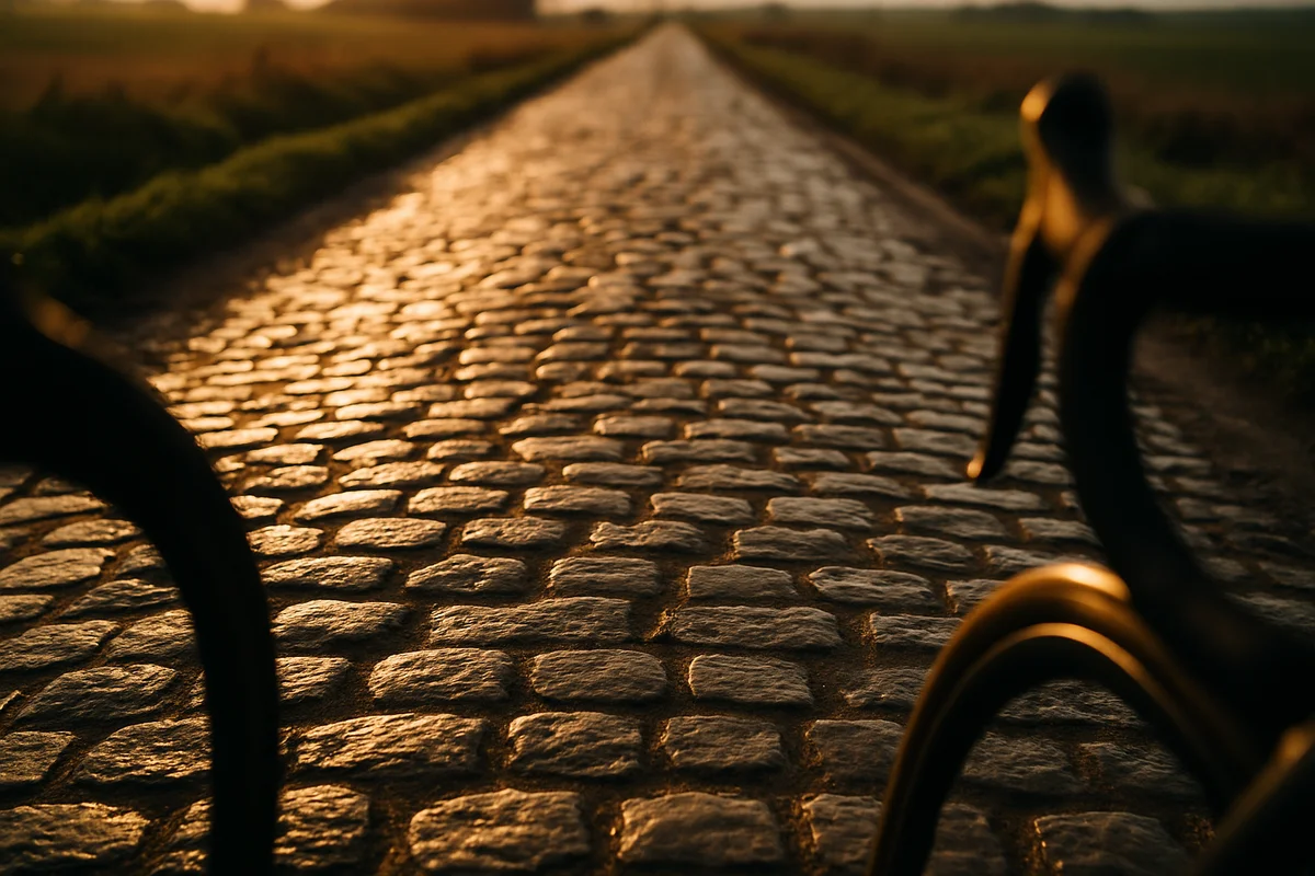 ```json { "altText": "Pavés emblématiques du Paris-Roubaix 2025 sous la lumière dorée avec vélo de course au premier plan", "caption": "Les légendaires secteurs pavés qui font la renommée du Paris-Roubaix, course mythique disputée le 13 avril 2025.", "description": "Vue spectaculaire des pavés historiques du Paris-Roubaix 2025, la célèbre course cycliste surnommée l'Enfer du Nord. Cette 122e édition emprunte les secteurs pavés emblématiques du nord de la France qui constituent le défi majeur de cette classique monument. L'image illustre parfaitement les conditions exigeantes que les coureurs affrontent sur le parcours du Paris-Roubaix 2025." } ```