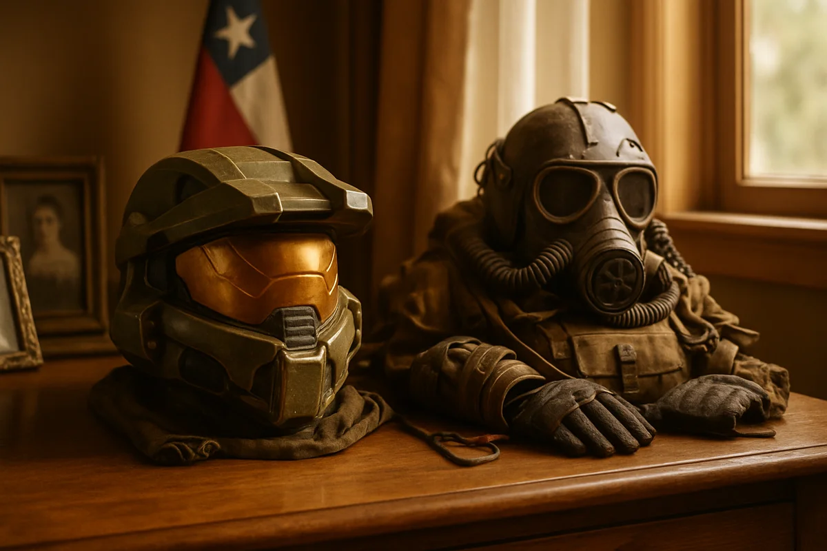 ```json { "altText": "Pedro Pascal : casque Mandalorian et équipement post-apocalyptique avec drapeau chilien en arrière-plan", "caption": "Composition symbolique évoquant le parcours de Pedro Pascal, de ses racines chiliennes à ses rôles iconiques dans The Mandalorian et The Last of Us.", "description": "Mise en scène cinématographique représentant l'univers de Pedro Pascal à travers des éléments emblématiques de ses rôles cultes : le casque du Mandalorian et l'équipement de survie de The Last of Us, disposés sur un bureau chaleureux. Le drapeau chilien visible en arrière-plan symbolise les origines de l'acteur et son parcours depuis l'exil jusqu'à la consécration hollywoodienne." } ```